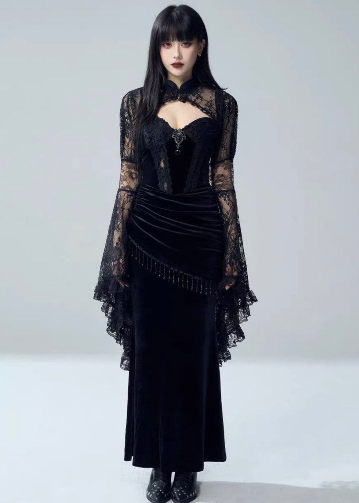 VELVET LACE DRAPE DRESS / LACE BELL SLEEVE BOLERO / LG1731