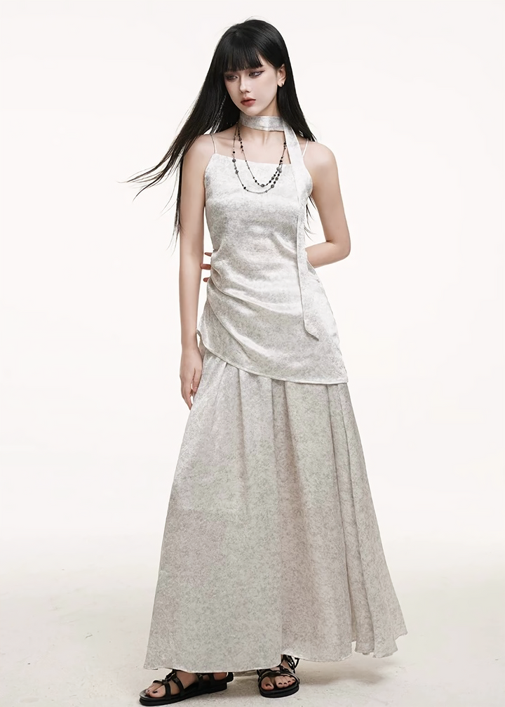 Asymmetrical camisole + A-line pleated skirt set / lg1256