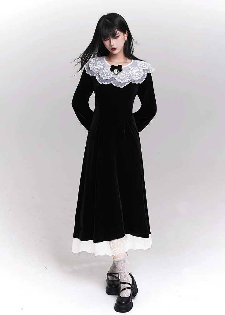 VELVET LACE COLLAR LONG DRESS / LG1471