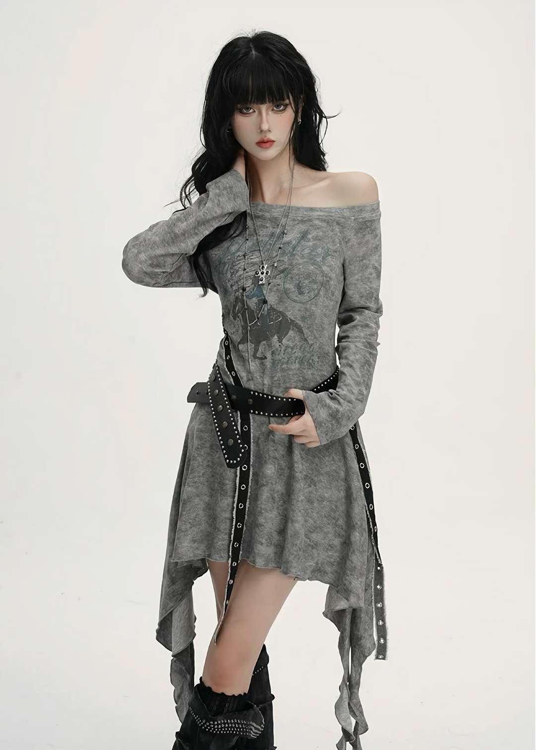 ACID WASH ASYMMETRIC BELTED DRESS / lg1363_e4r