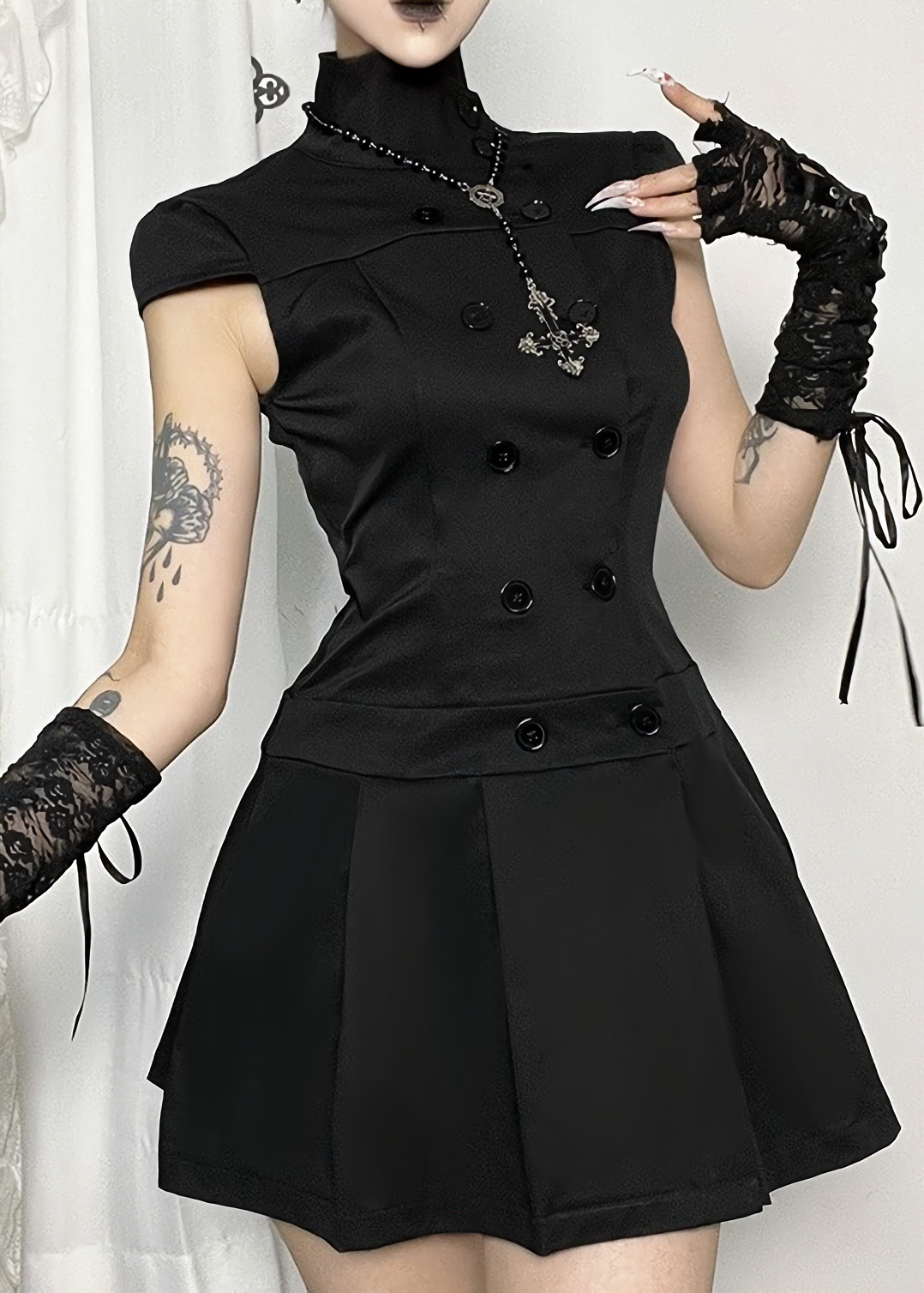 DARK DOUBLE-BREASTED PLEATED MINI DRESS / LG1694