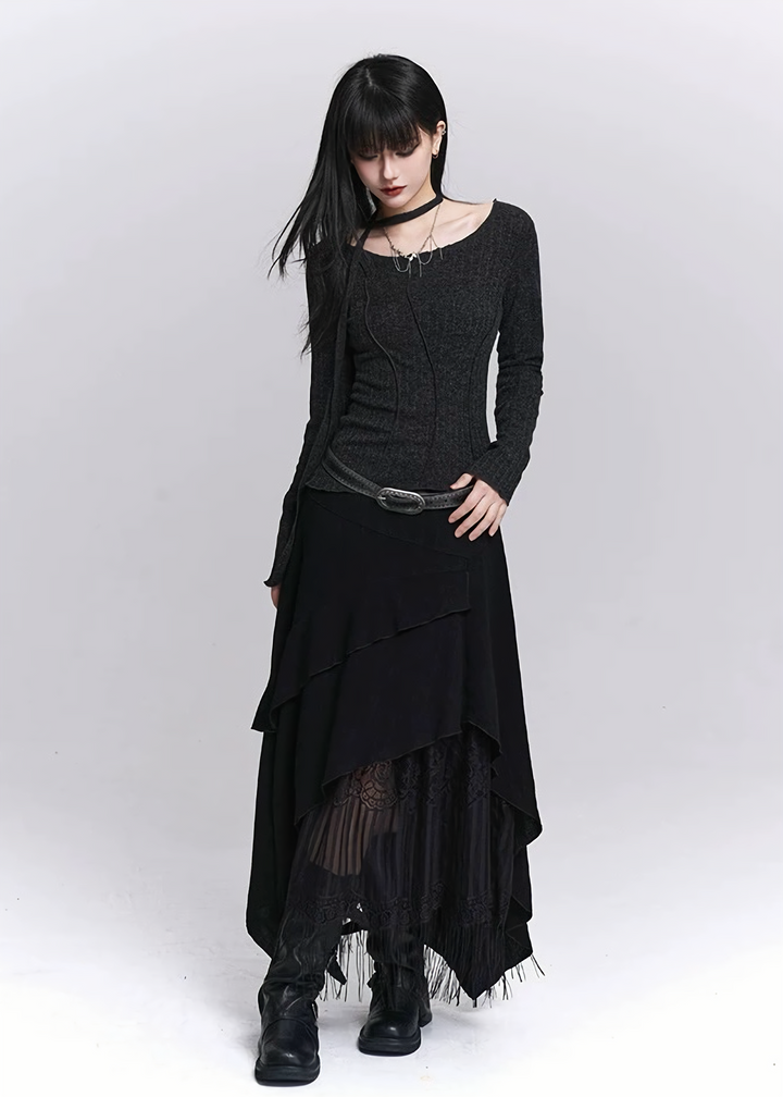 IRREGULAR LAYERED LACE FRINGE SKIRT / LG1526