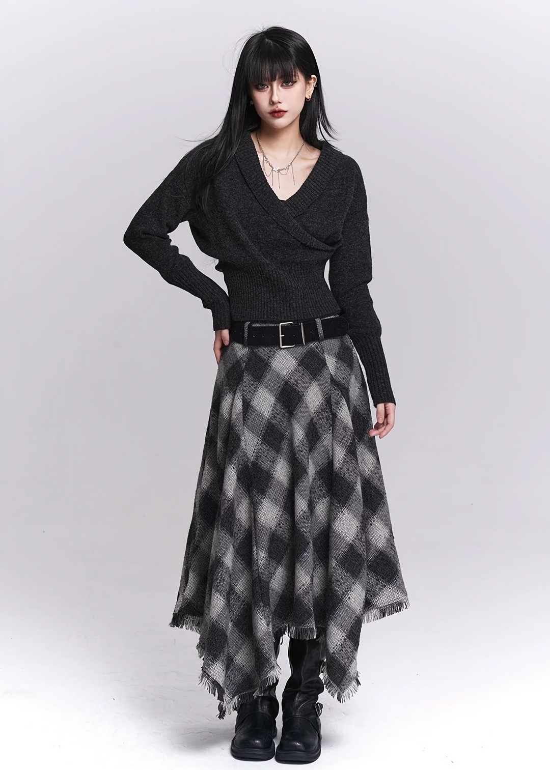 BLACK & GREY CHECK IRREGULAR MIDI SKIRT / LG1533