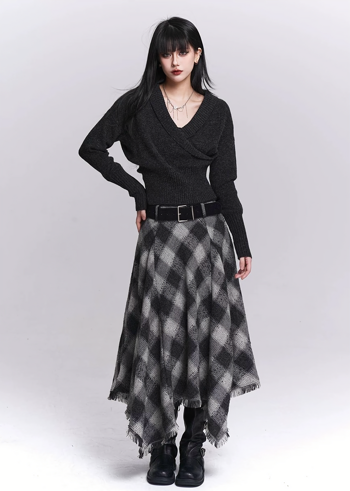 BLACK & GREY CHECK IRREGULAR MIDI SKIRT / LG1533