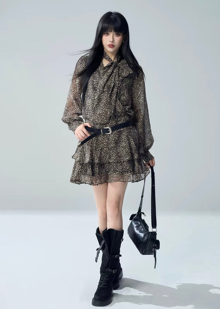 LEOPARD BOW TIERED MINI DRESS / LG1719