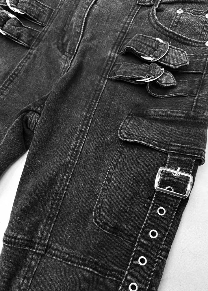 DARK WASHED BUCKLE FLARE CARGO PANTS / LG1683