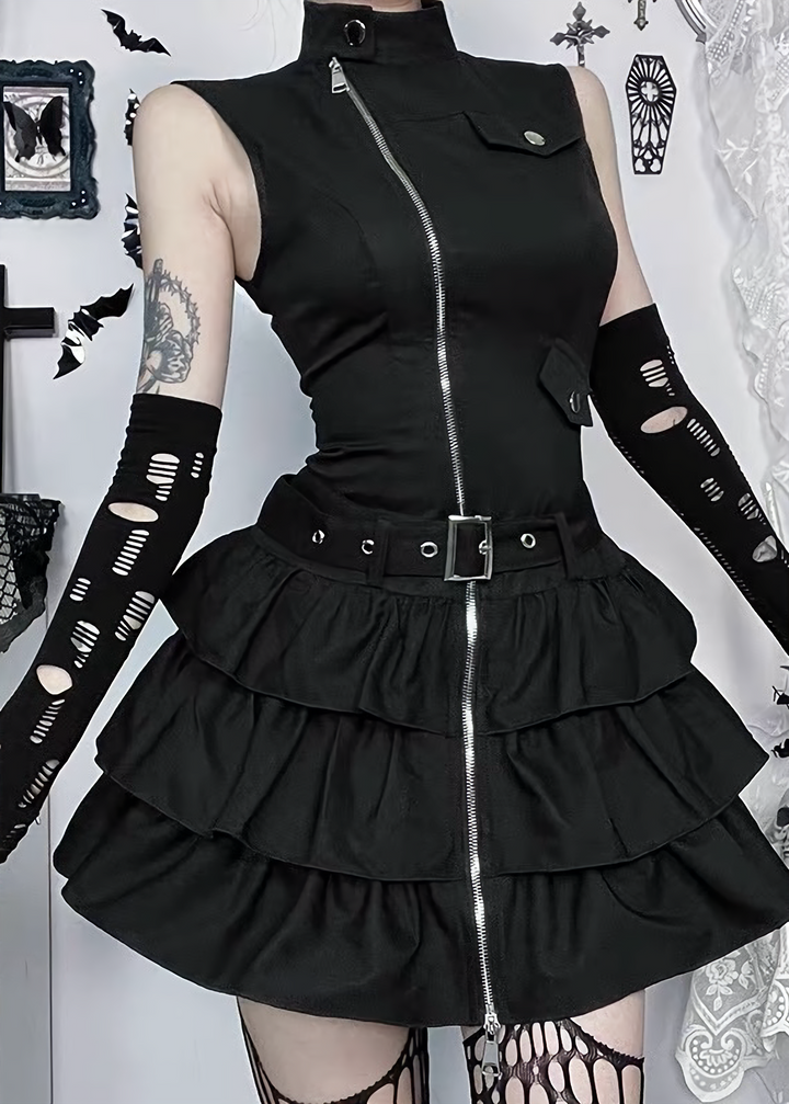 DARK ZIP TIERED MINI ONEPIECE / LG1675