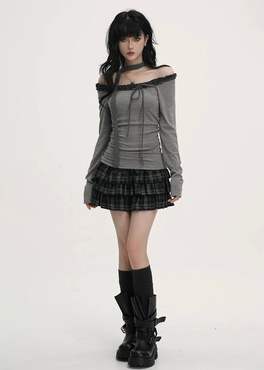 OFF SHOULDER LACE RIB TOP / LG1536