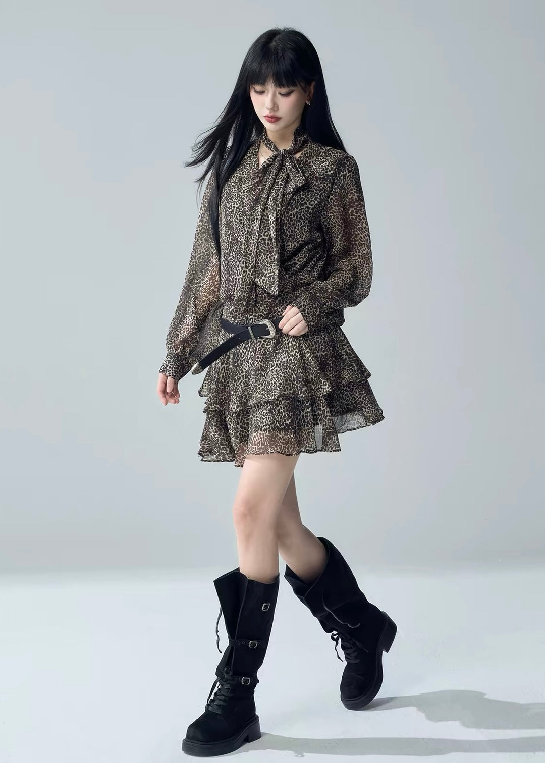 LEOPARD BOW TIERED MINI DRESS / LG1719