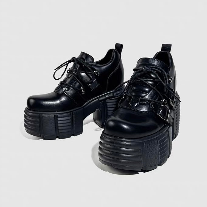 DARK BUCKLE PLATFORM LACE-UP SHOES / V1189