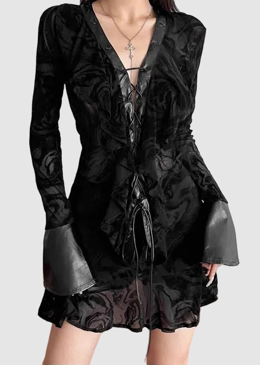 DARK LACE-UP BURNOUT DRESS / LG1658
