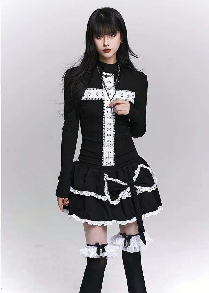 LACE TRIM TIERED SKIRT / LG1492