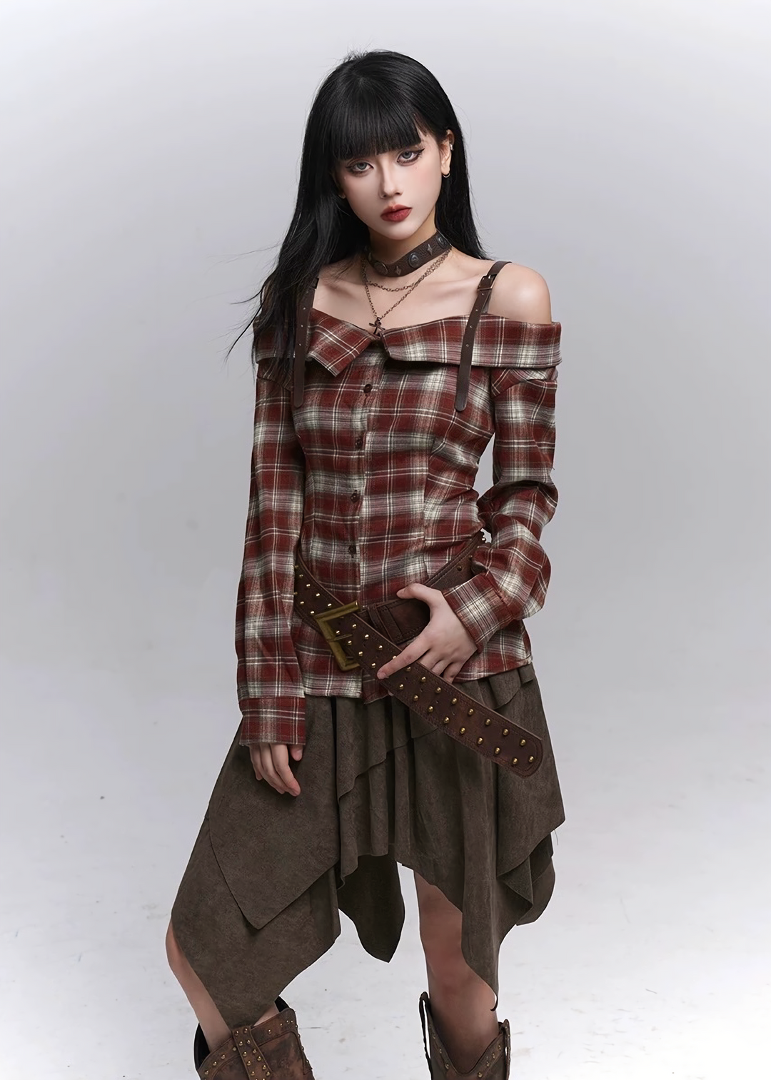 Plaid Off-Shoulder Strap Shirt / lg1366
