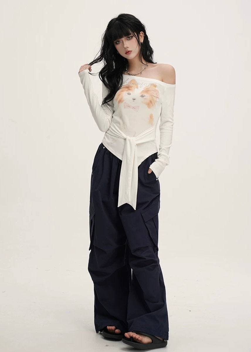 CAT GRAPHIC OFF-SHOULDER TOP / LG1393