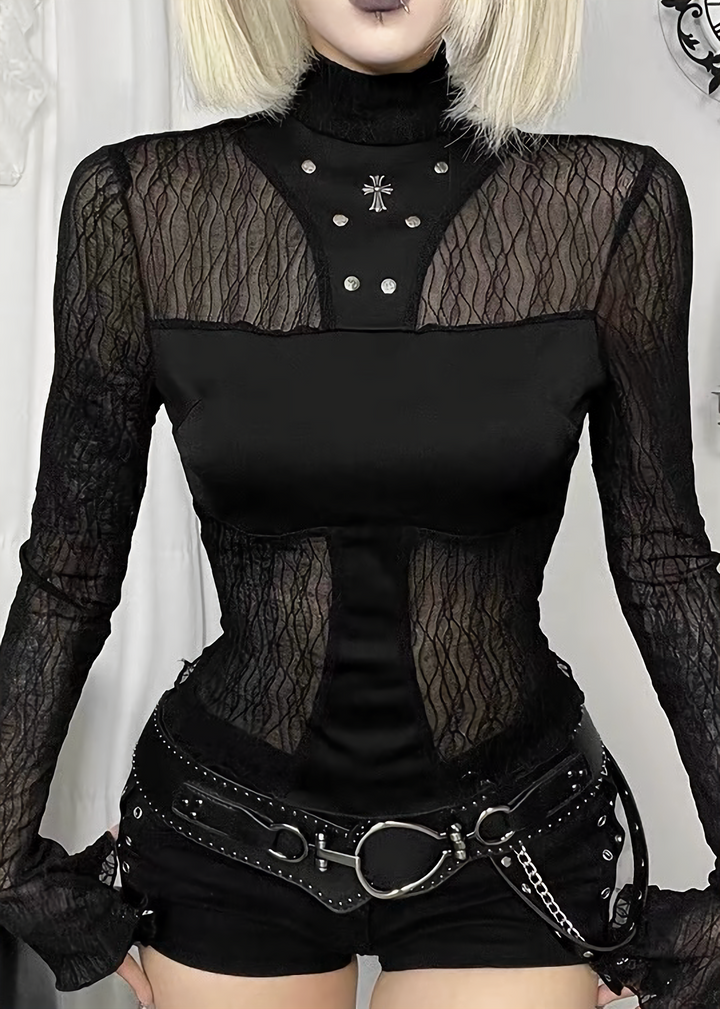 GOTHIC SHEER LACE FLARE SLEEVE TOP / LG1671
