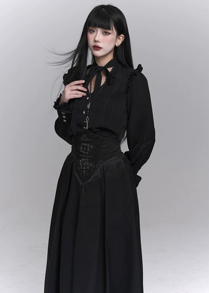 frill blouse &amp; high waist pleated long skirt / LG1224