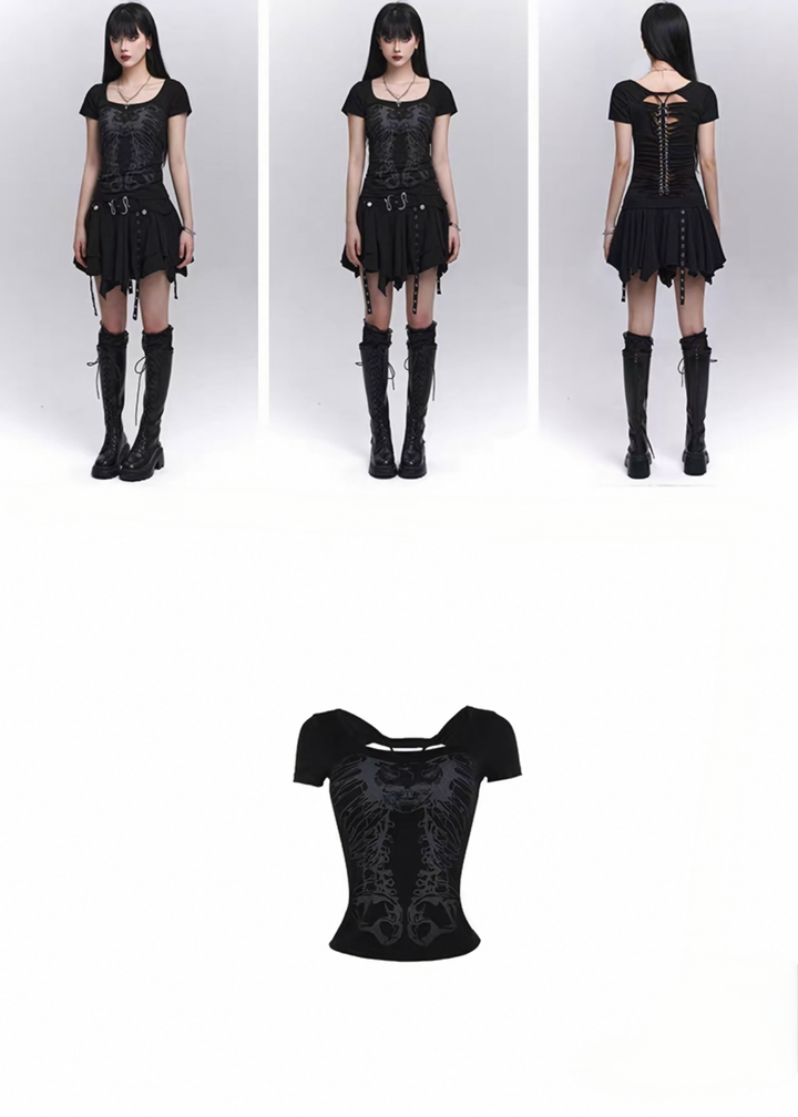 Dark skull rib print T-shirt / lg1270