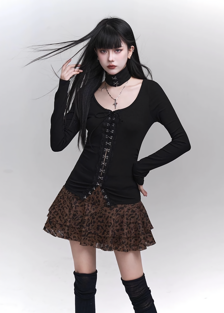 [Same-day shipping] Black lace cut and sew + leopard print skirt / LG1160