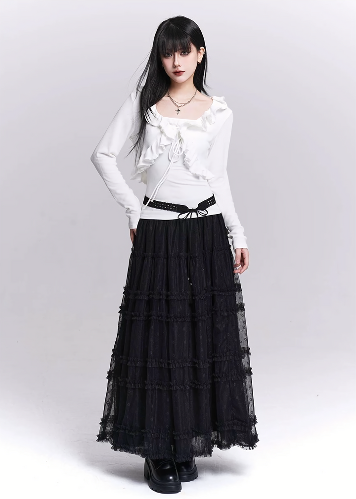 BLACK LACE TIERED MESH SKIRT / LG1531_e4r