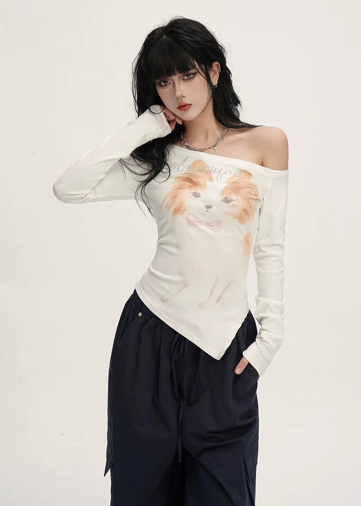 CAT GRAPHIC OFF-SHOULDER TOP / LG1393