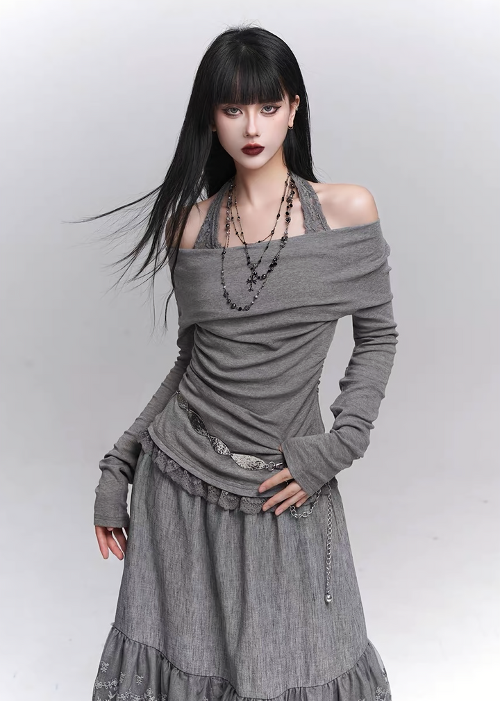 LACE HALTER OFF-SHOULDER TOP / LG1338