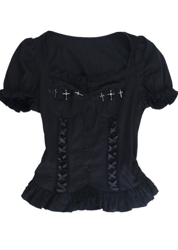 GOTHIC CROSS LACE-UP PEPLUM TOP / LG1671