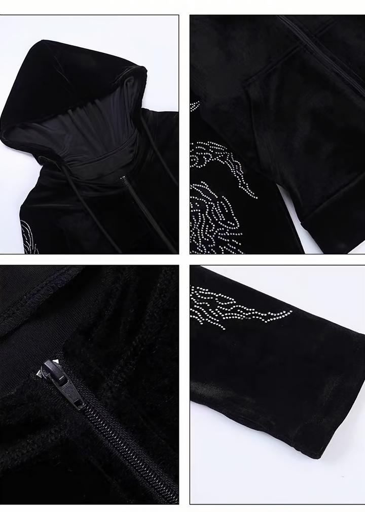 DARK RHINESTONE WING HOODED JACKET / LG1673