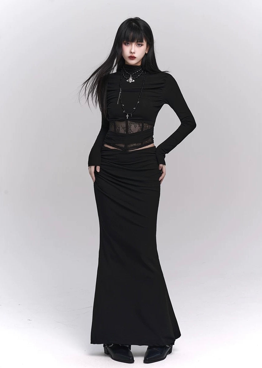 【당일 배송】Black lace cut and sew &amp; mermaid skirt / LG1143