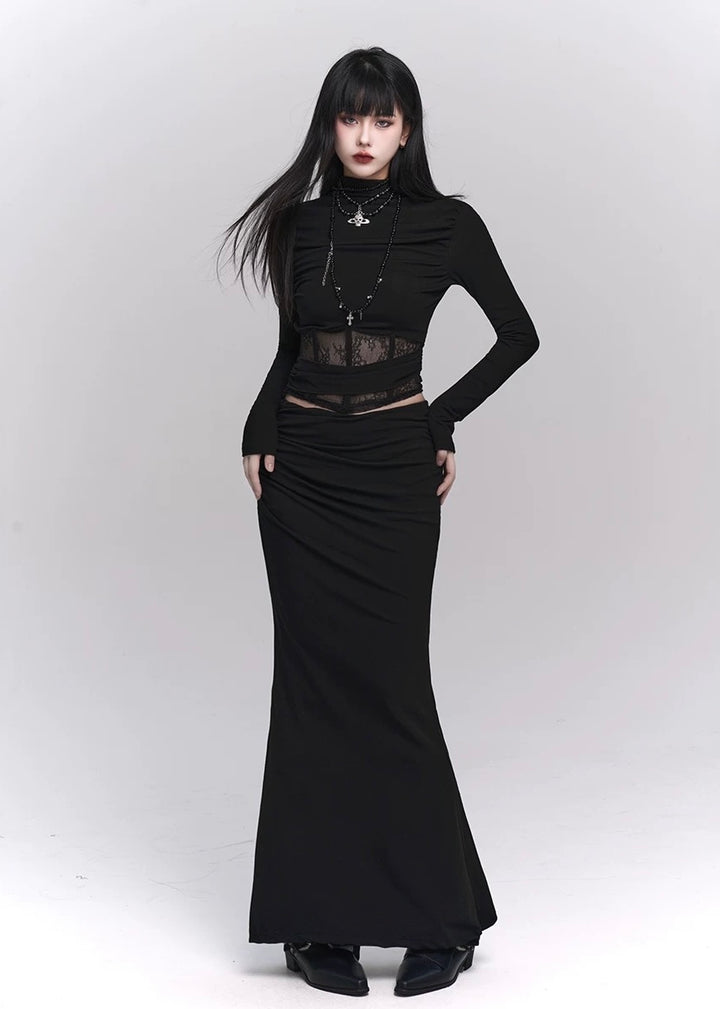 [Same-day shipping] Black lace cut and sew &amp; mermaid skirt / LG1143