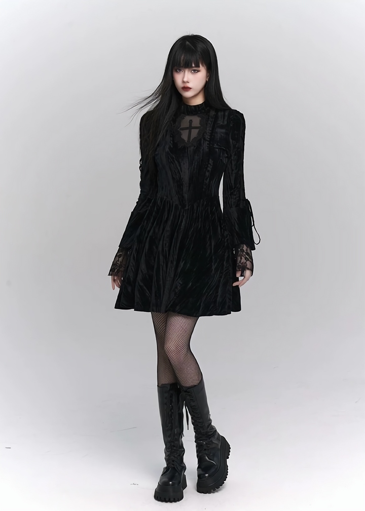 【당일 배송】goth velvet lacing mini dress/lg1139 