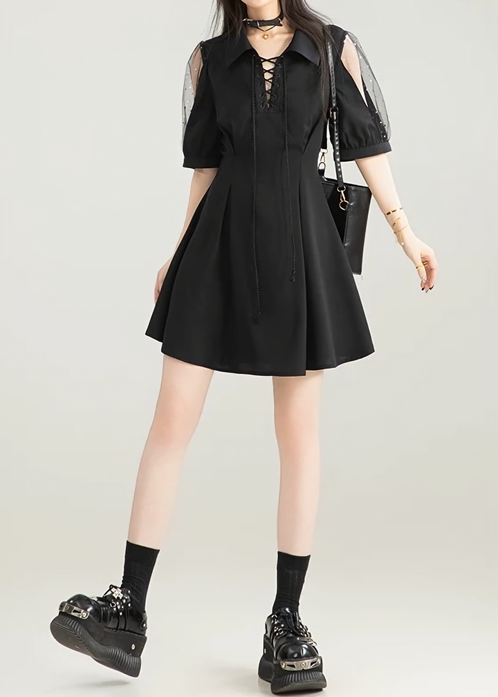 PEARL SHEER SLEEVE LACE-UP DRESS / LG1599