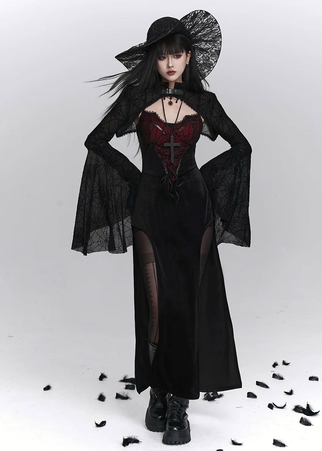 Crimson Web Lace-up Gothic Dress  & Cardigan  / LG1410