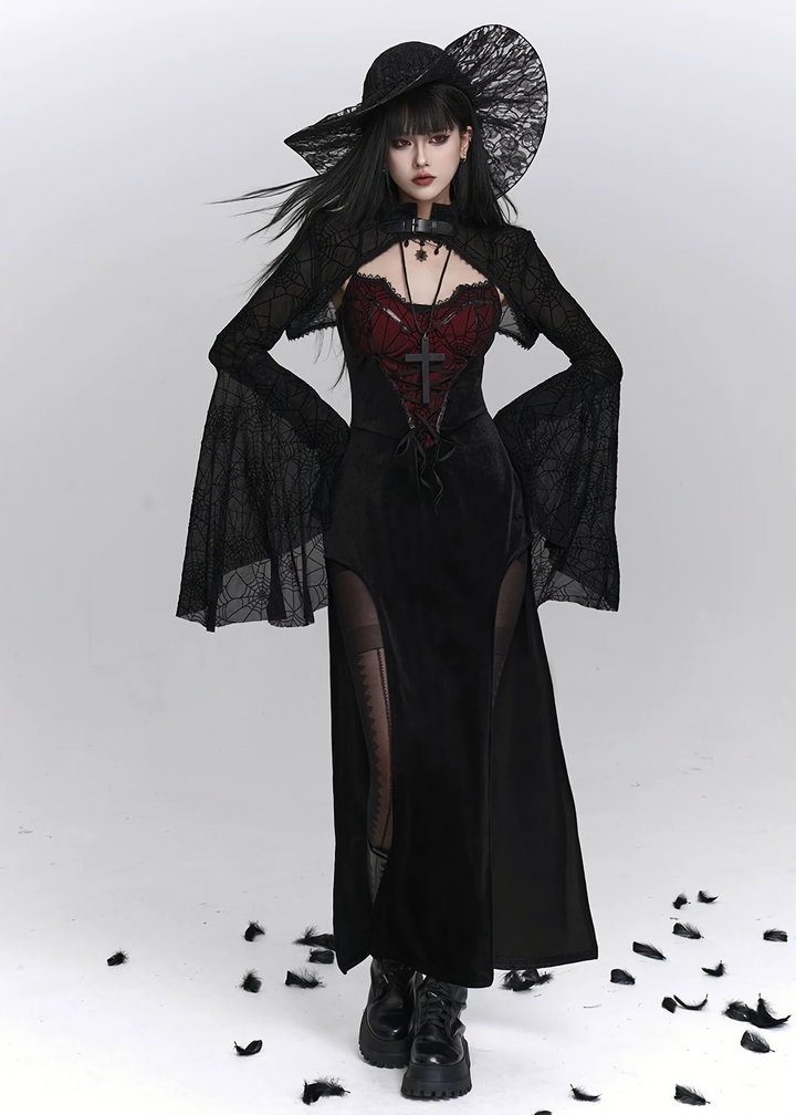Crimson Web Lace-up Gothic Dress  & Cardigan  / LG1410