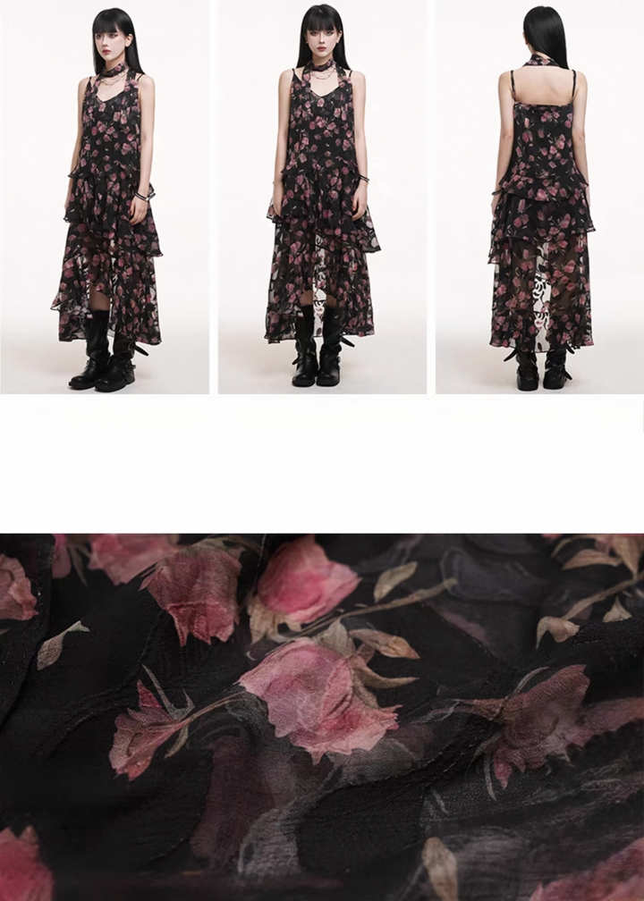 Rose print sheer cami dress / lg1262 