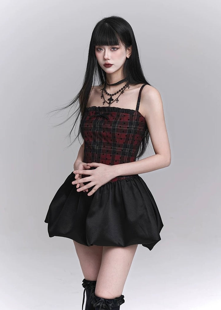 checkered suspender short dress / LG1246