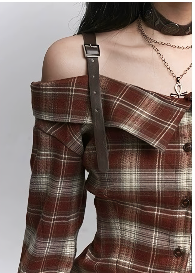 Plaid Off-Shoulder Strap Shirt / lg1366