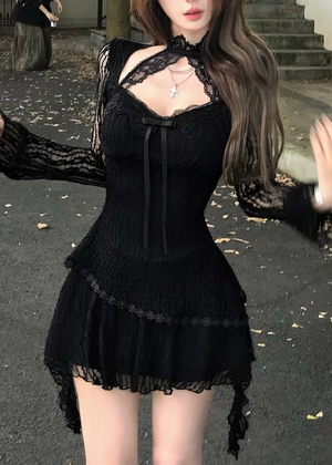 HALTER RIBBON LACE MINI DRESS / LG1714