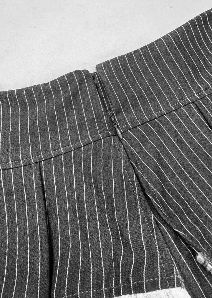 DARK STRIPE LACE RIBBON PLEATED MINI SKIRT / LG1681