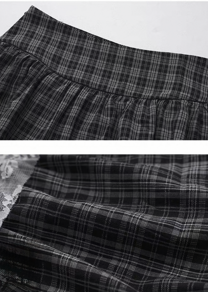 TIERED CHECK LACE LONG SKIRT / LG1415