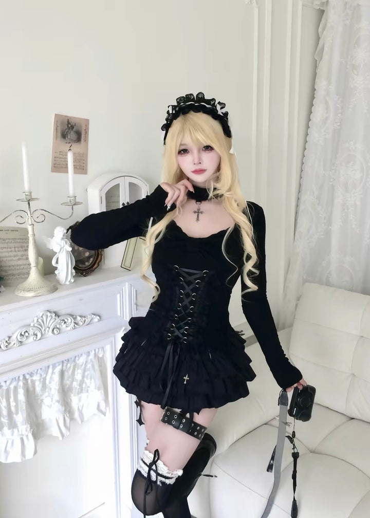 GOTHIC RIBBON CORSET LONG SLEEVE TOP / LG1676