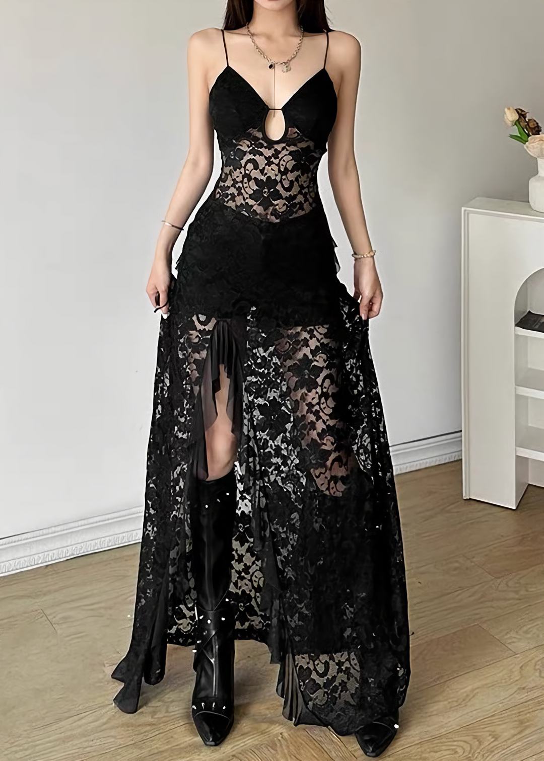 DARK SHEER LACE SLIP DRESS / LG1645