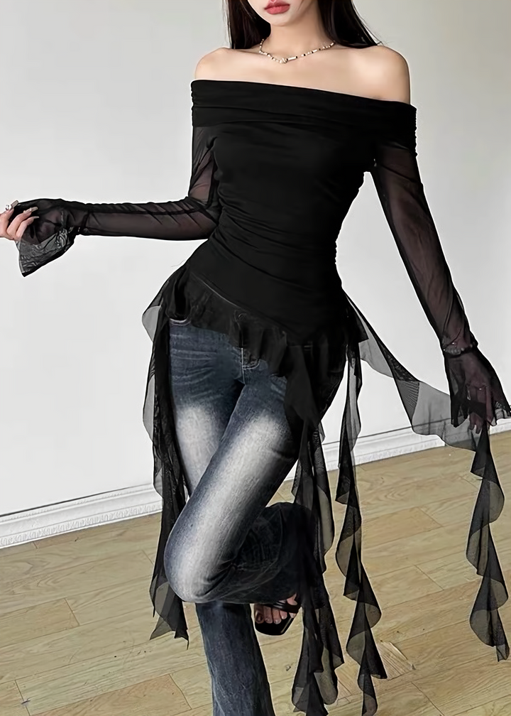 DARK OFF-SHOULDER SHEER FRILL TOP / LG1646