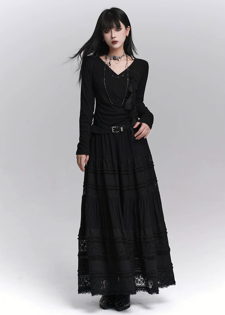 LACE TIERED LONG SKIRT / LG1412_e4r