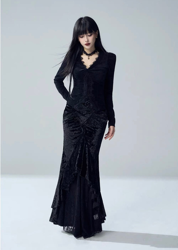 VELVET LACE-UP FISHTAIL SKIRT / LG1728