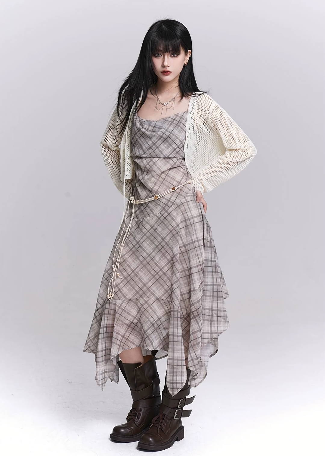 PLAID DRAPE IRREGULAR DRESS / LG1545