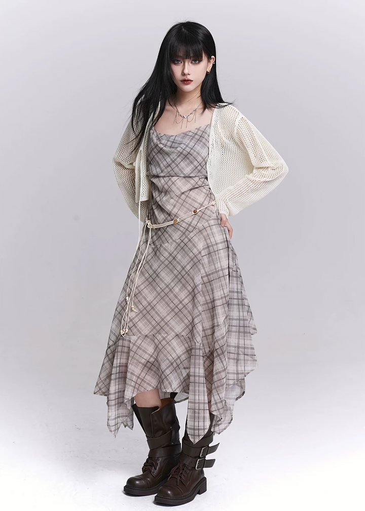 PLAID DRAPE IRREGULAR DRESS / LG1545