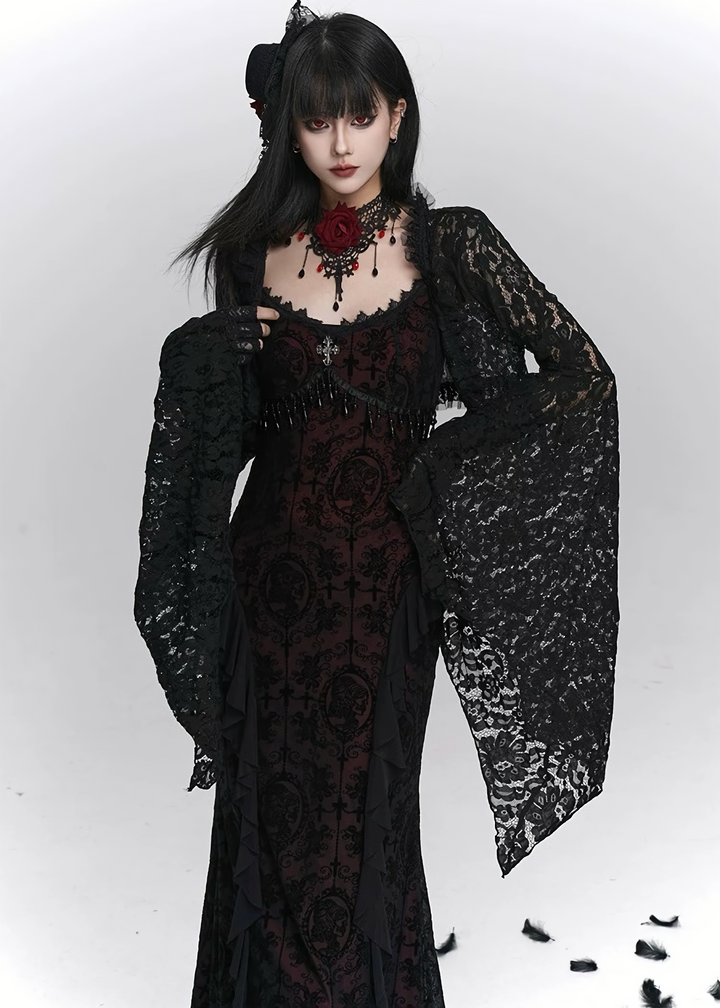 Dark rose long dress &amp;amp; Enchant lace cardigan / LG1401