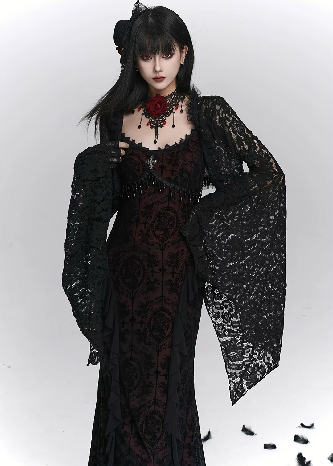 Dark rose long dress & Enchant lace cardigan / LG1401
