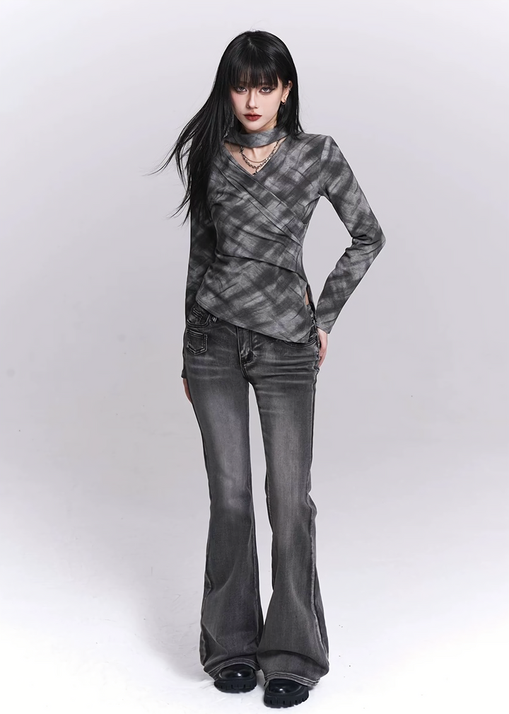 SMOKE PLAID WRAP TOP / LG1527