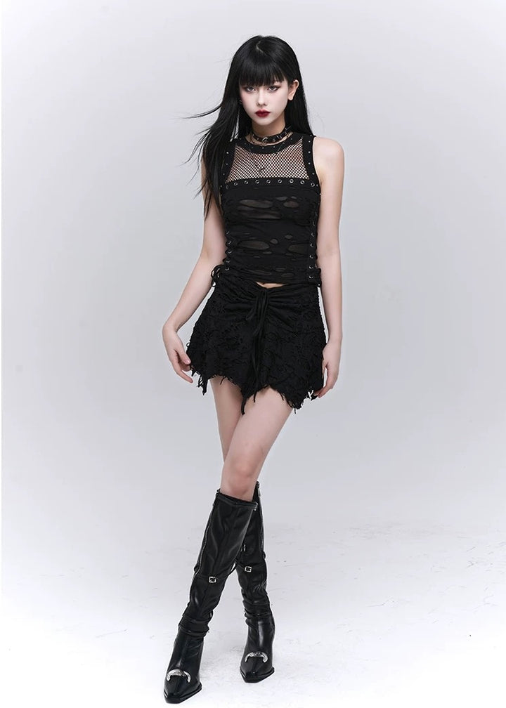 lace up crock top / LG1171 &amp; gothic black hole short skirt / LG1172 